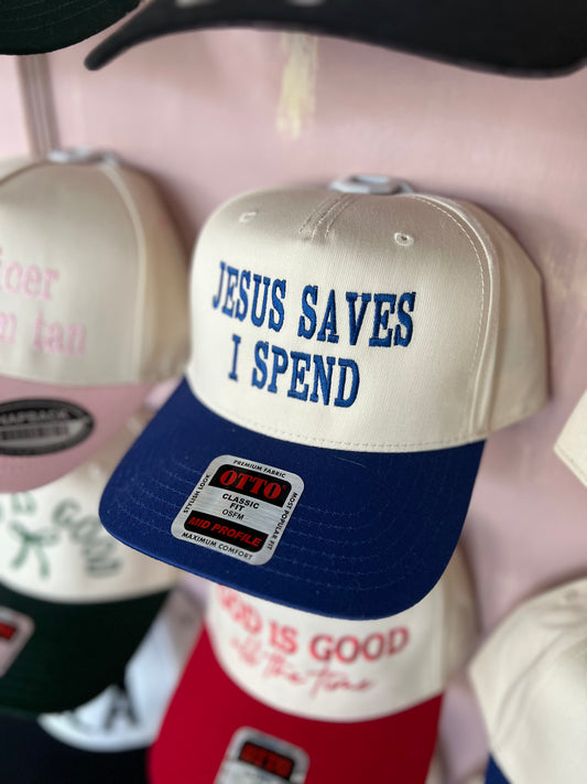 Jesus Saves, I Spend - Blue/Nat Canvas Trucker