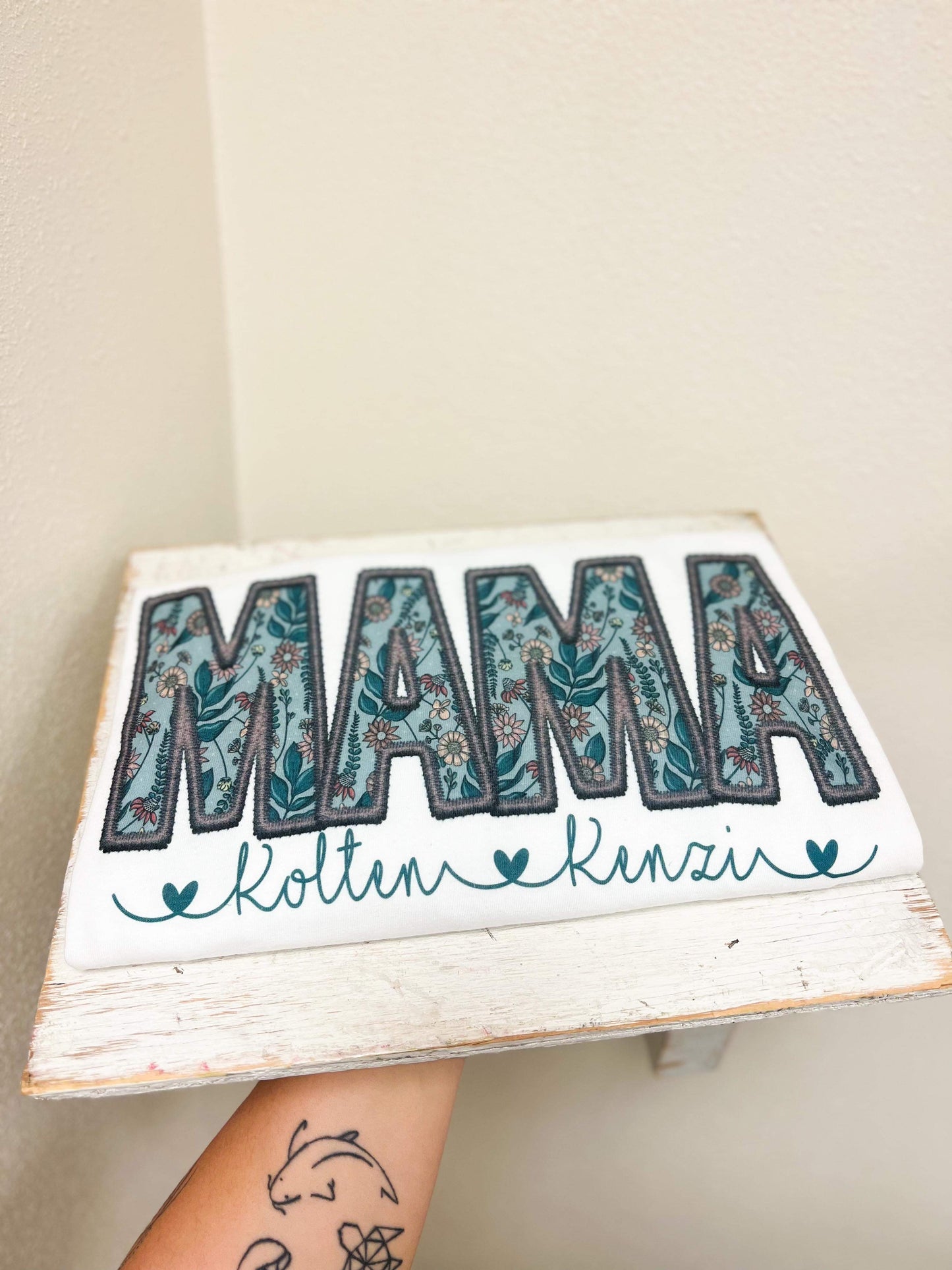 Blue Floral Faux Embroidery - CHOOSE NAME {gray outline}