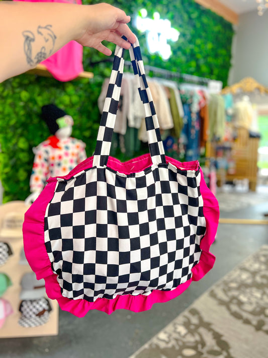 Checkered + Pink LG Tote Bag