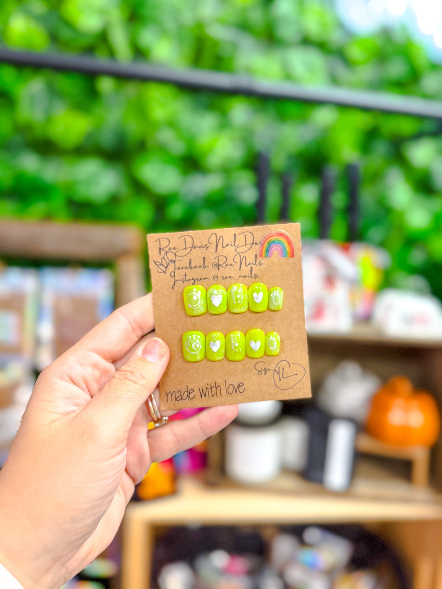 Press On Nail Set | bright green with hearts + stars {size youth large}