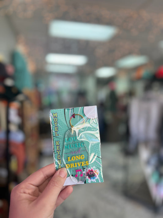 Loud Music, Long Drives, Clear Motel Keychain