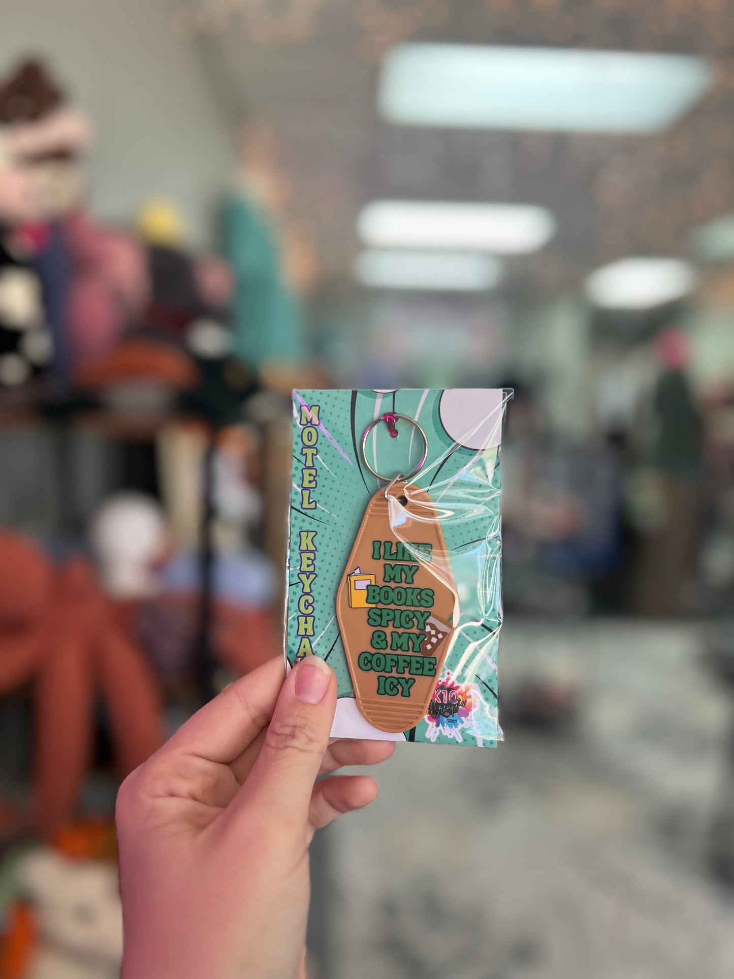 Books Spicy, Coffee Icy, Brown Motel Keychain