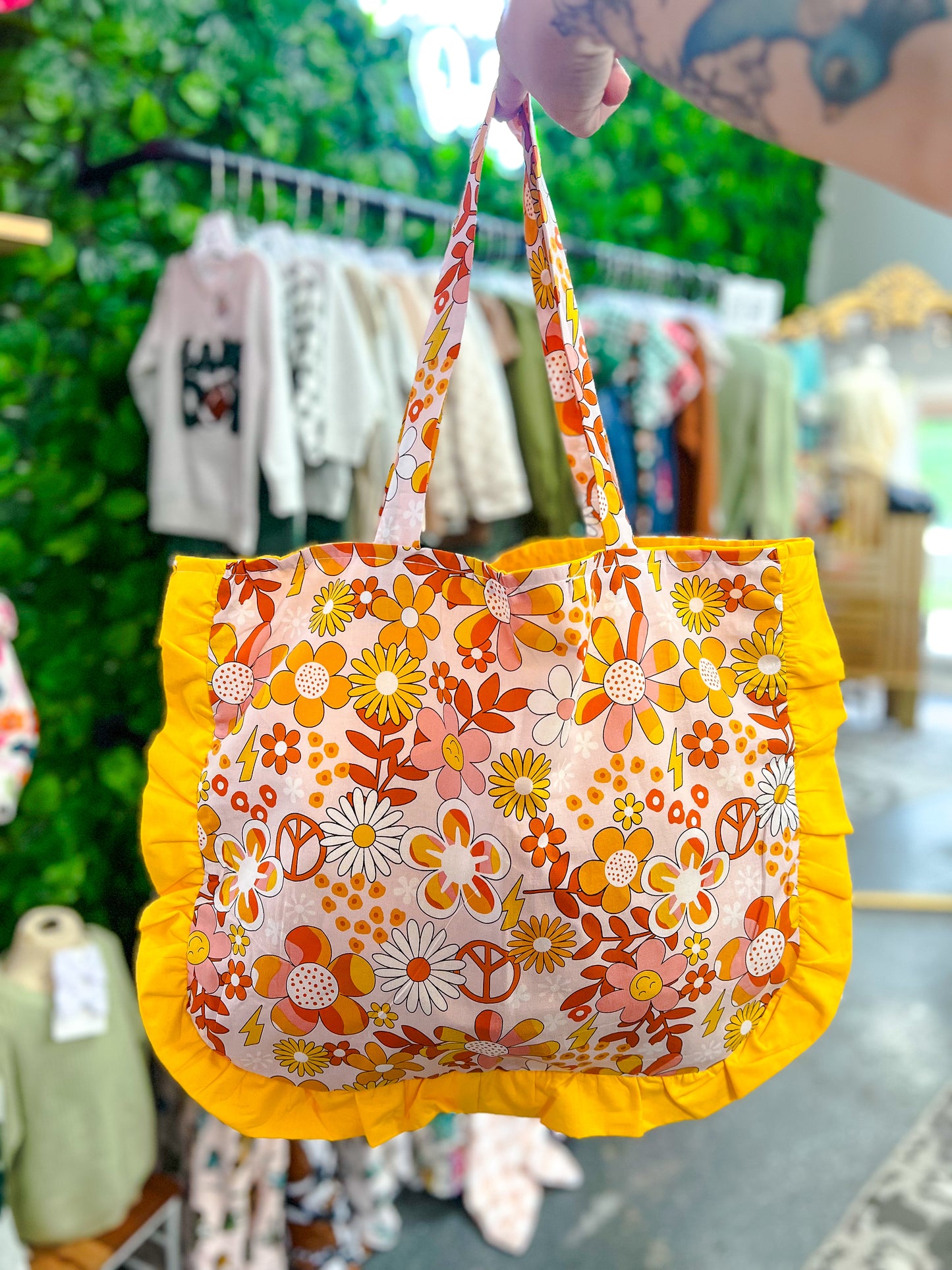 Retro Floral + Yellow LG Tote Bag