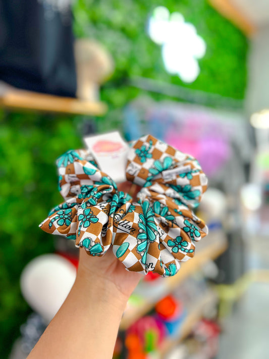 Checkered Western Turq Inspired Scrunchie