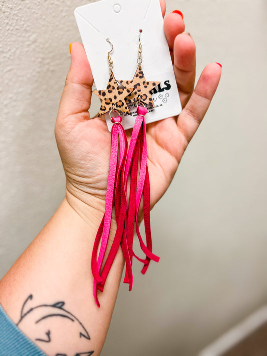 Leopard Wood Star/Pink Fringe Earrings