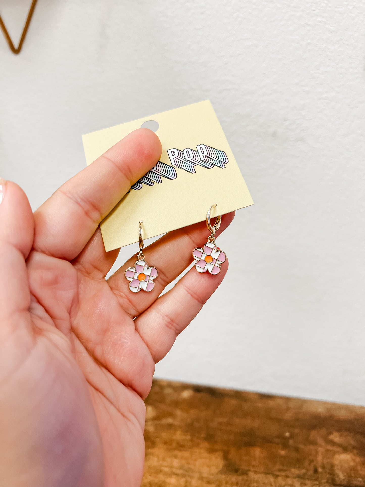 Pink Check Flower Huggie Earrings