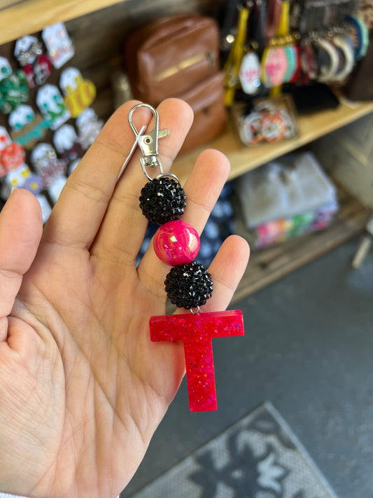 Keychain - black rhinestone, pink iridescent, black rhinestone beads w/ pink chunky glitter T