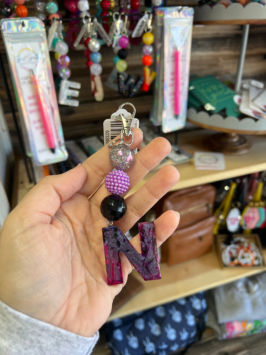 Keychain -gray crackle, purple pearl, solid black beads w/ purple shimmer N