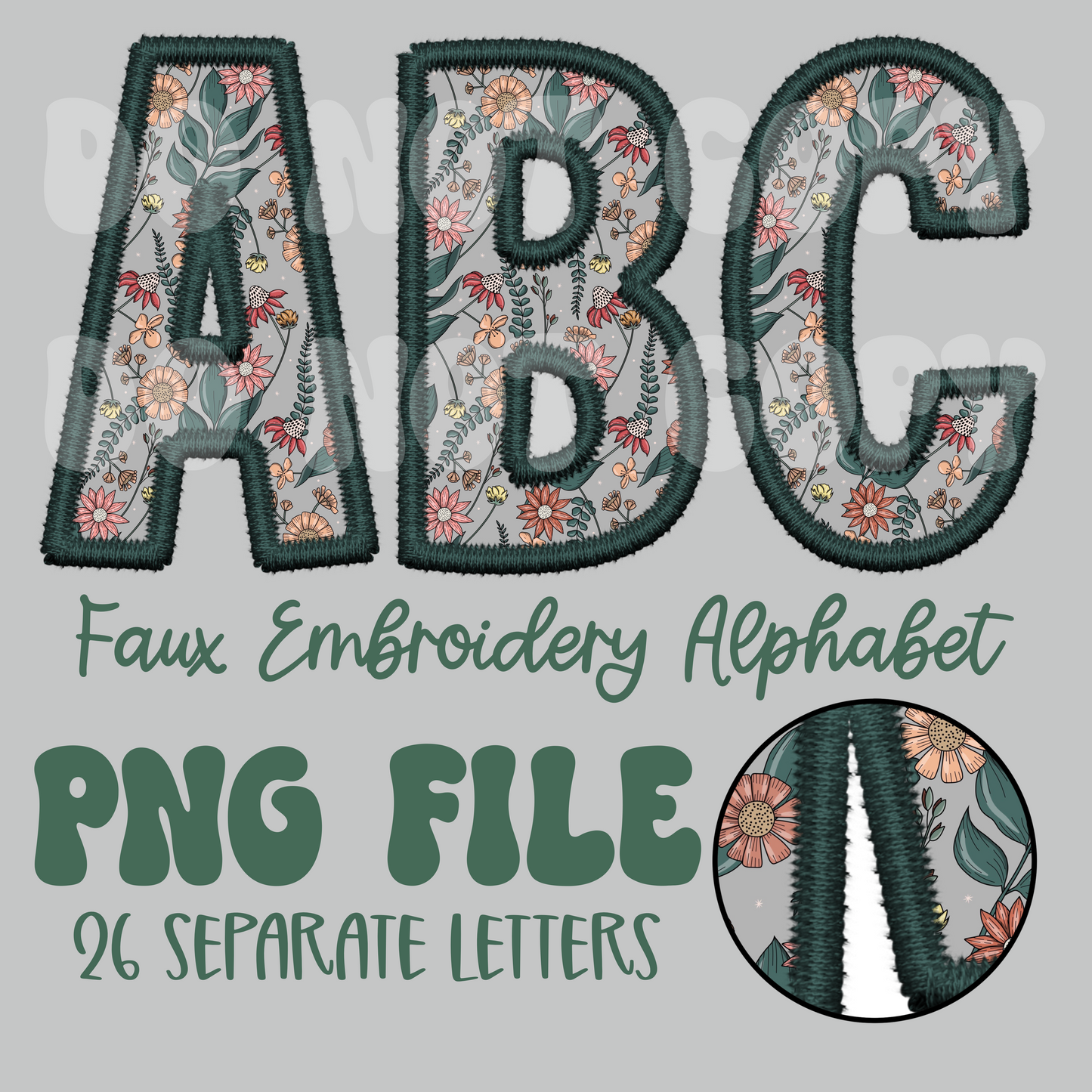 Dark Floral | Faux Embroidery | Alpha Set | Digital Download | PNG File