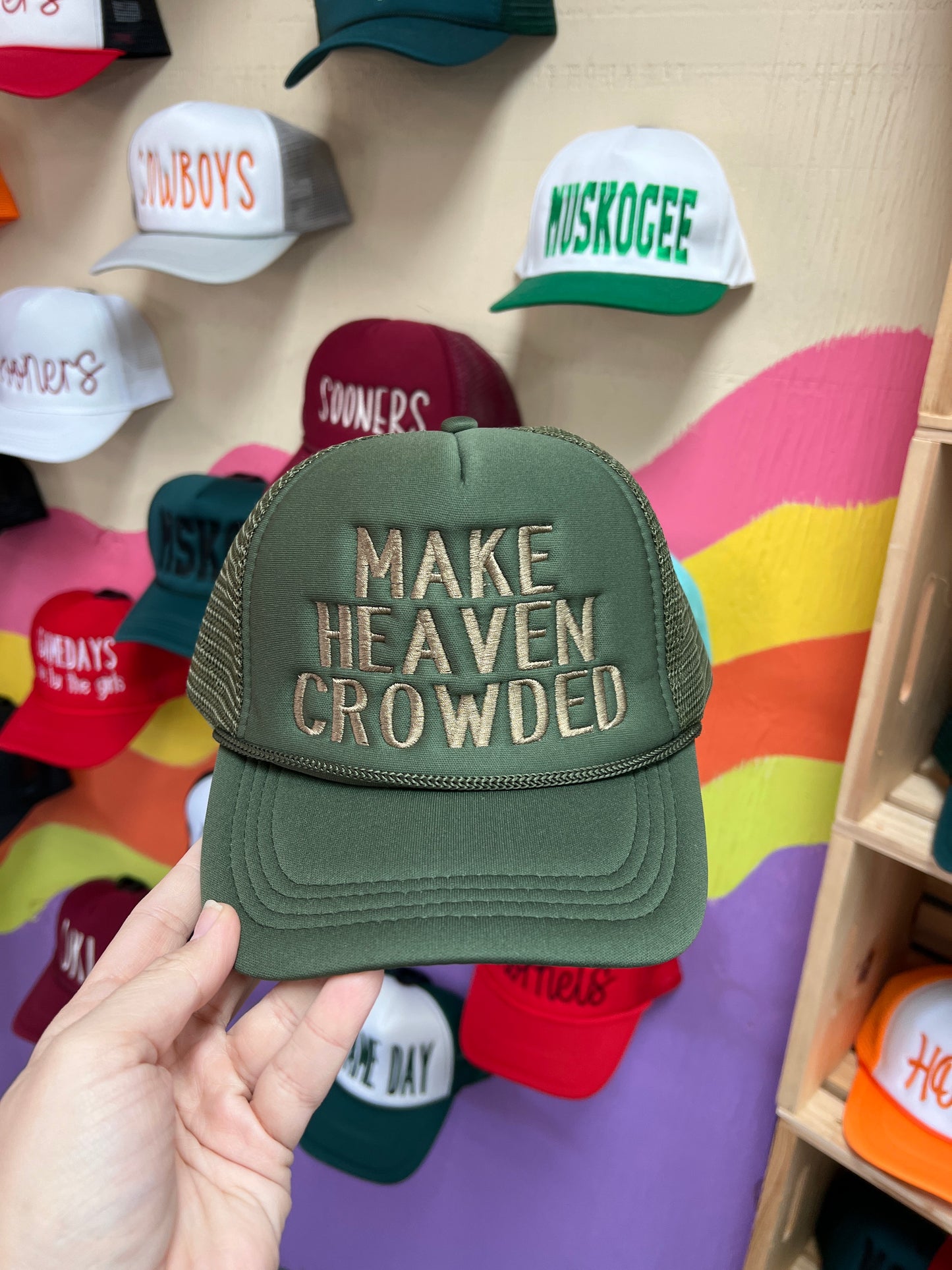 olive green trucker make heaven crowded