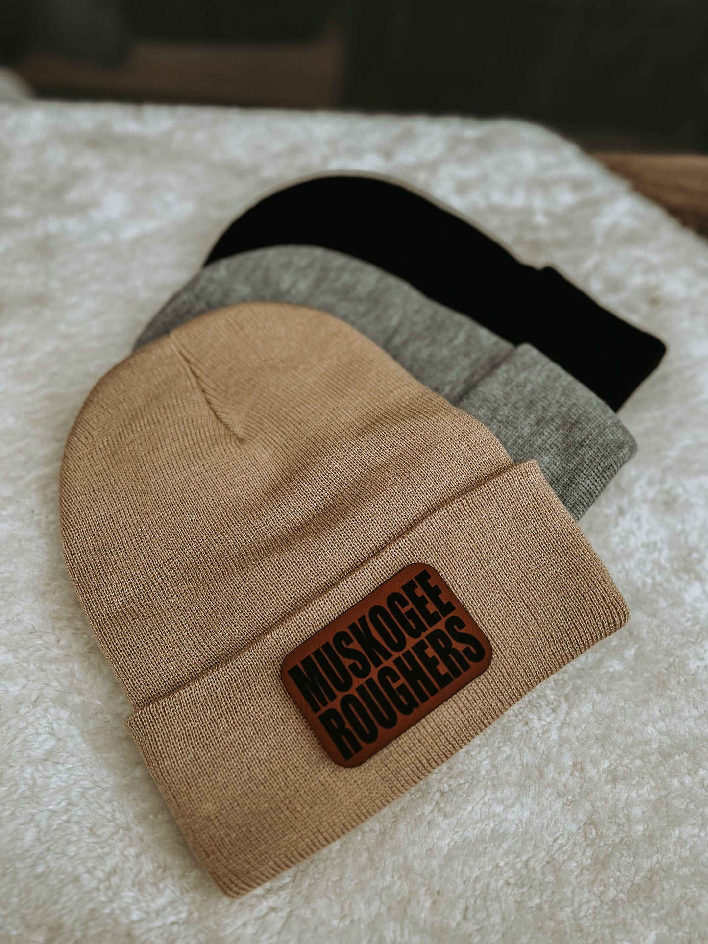 Leather Patched Beanies - School/Mascot