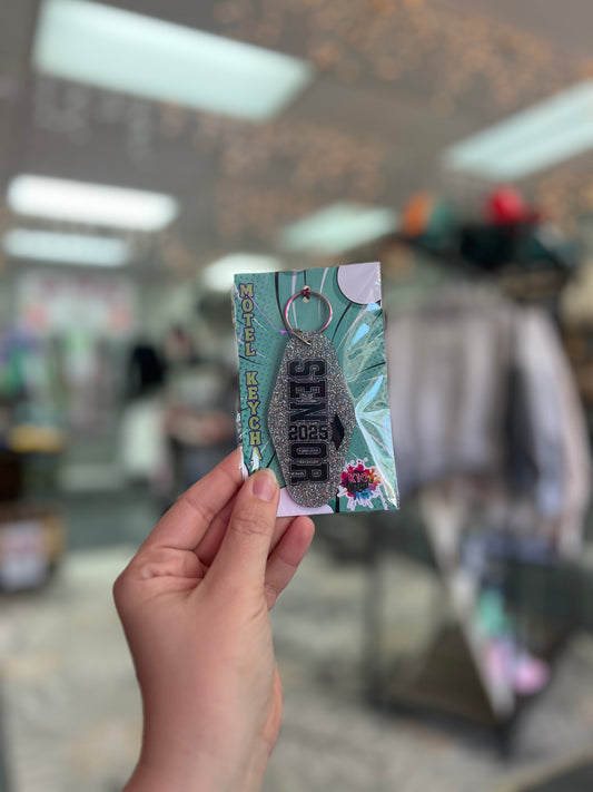 Senior 2025, Silver Glitter Motel Keychain