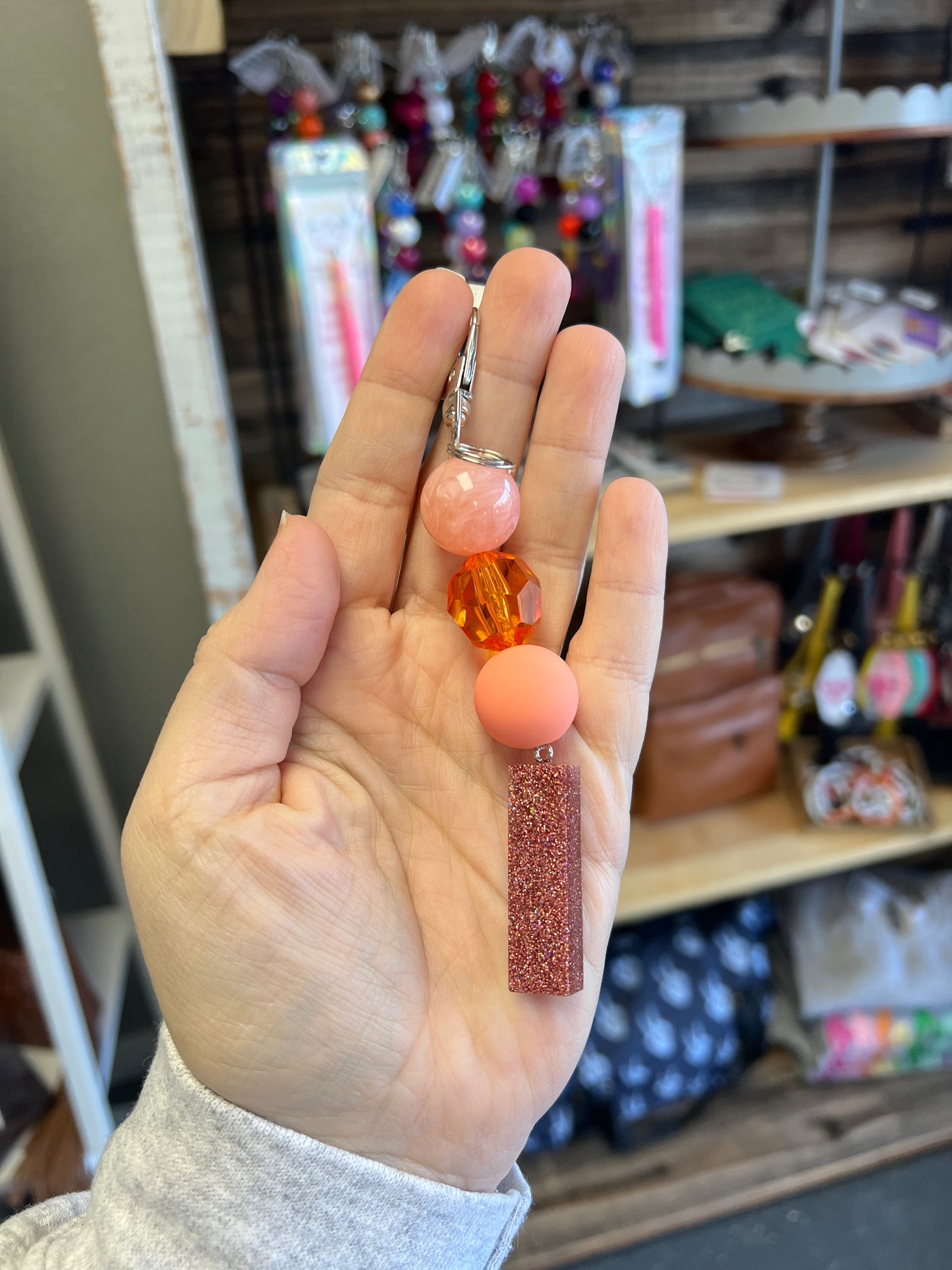 Keychain - peach swirl, clear orange, matte coral beads w/ rose gold glitter I