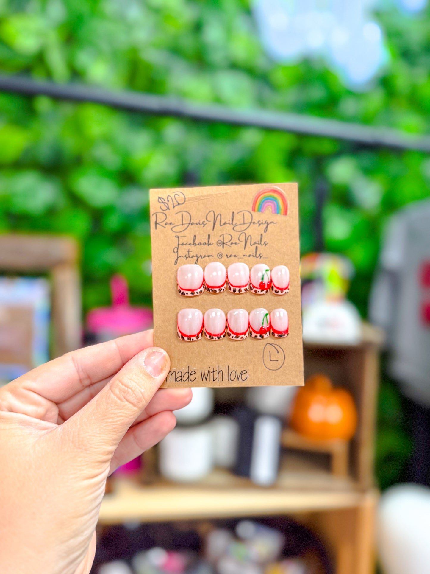 Press On Nail Set | red leopard french w/ cherries {size large}