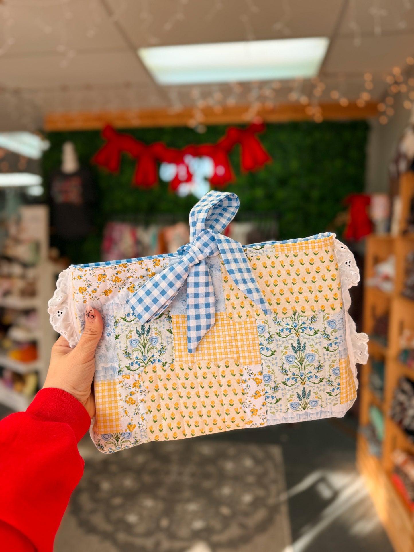 Laptop Case - Yellow Floral Blue Gingham w/ Lace
