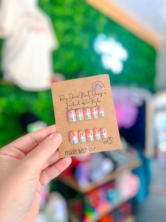 Press On Nail Set | Rainbow Swirls + Stars {size small}