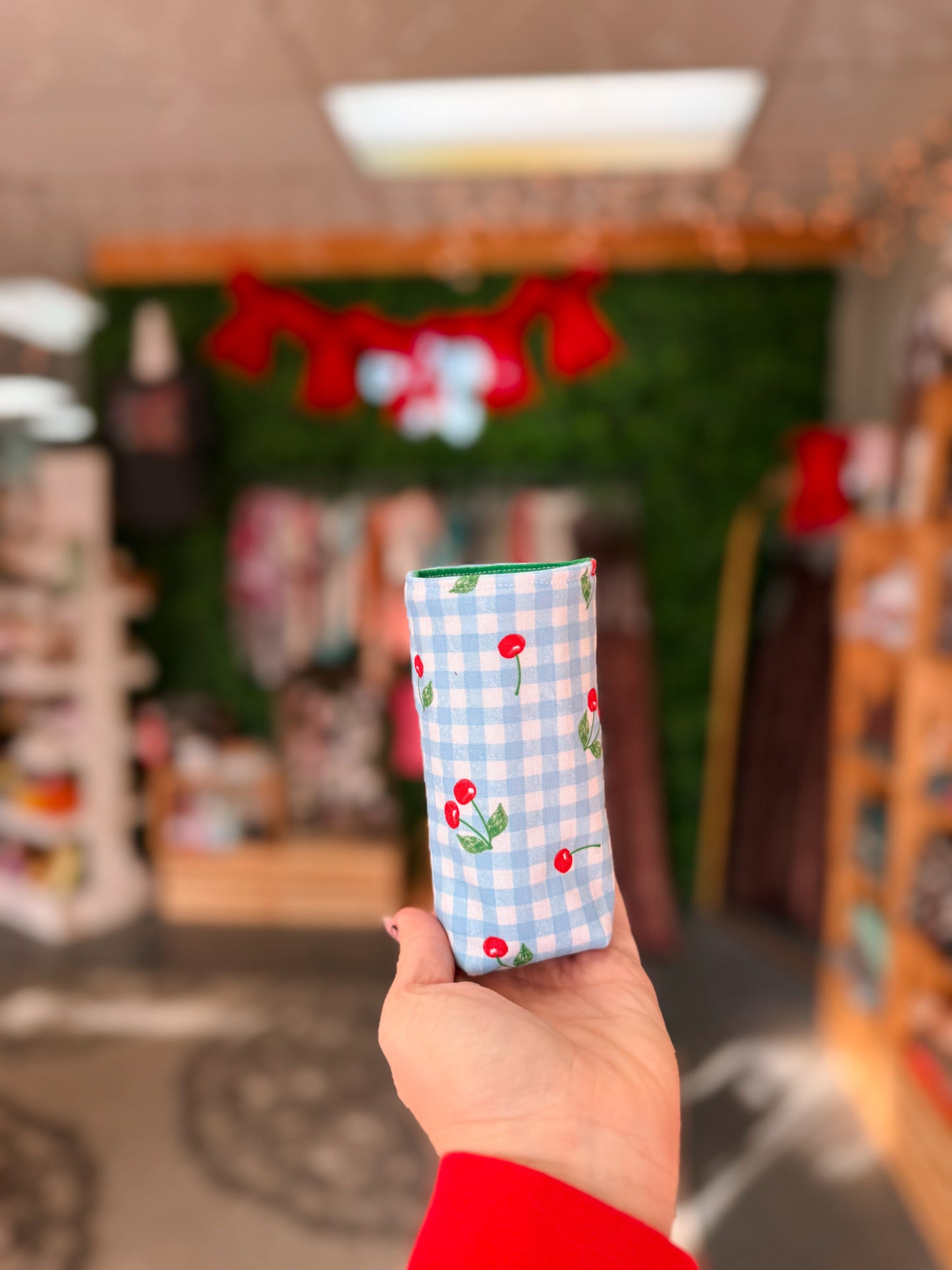 Gingham Cherries 12oz Can Holder