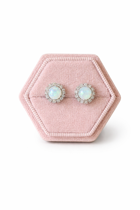 Aurora Opal Halo Stud Earrings- Silver
