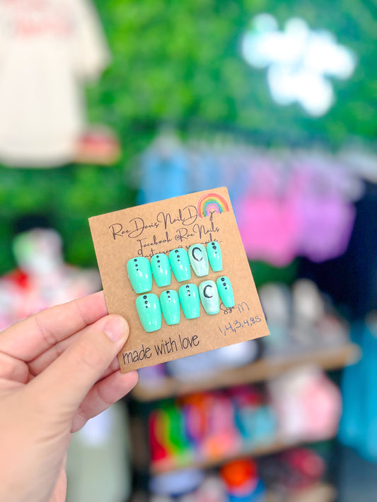 Press On Nail Set | Minty/Turq w/ designs {size medium}