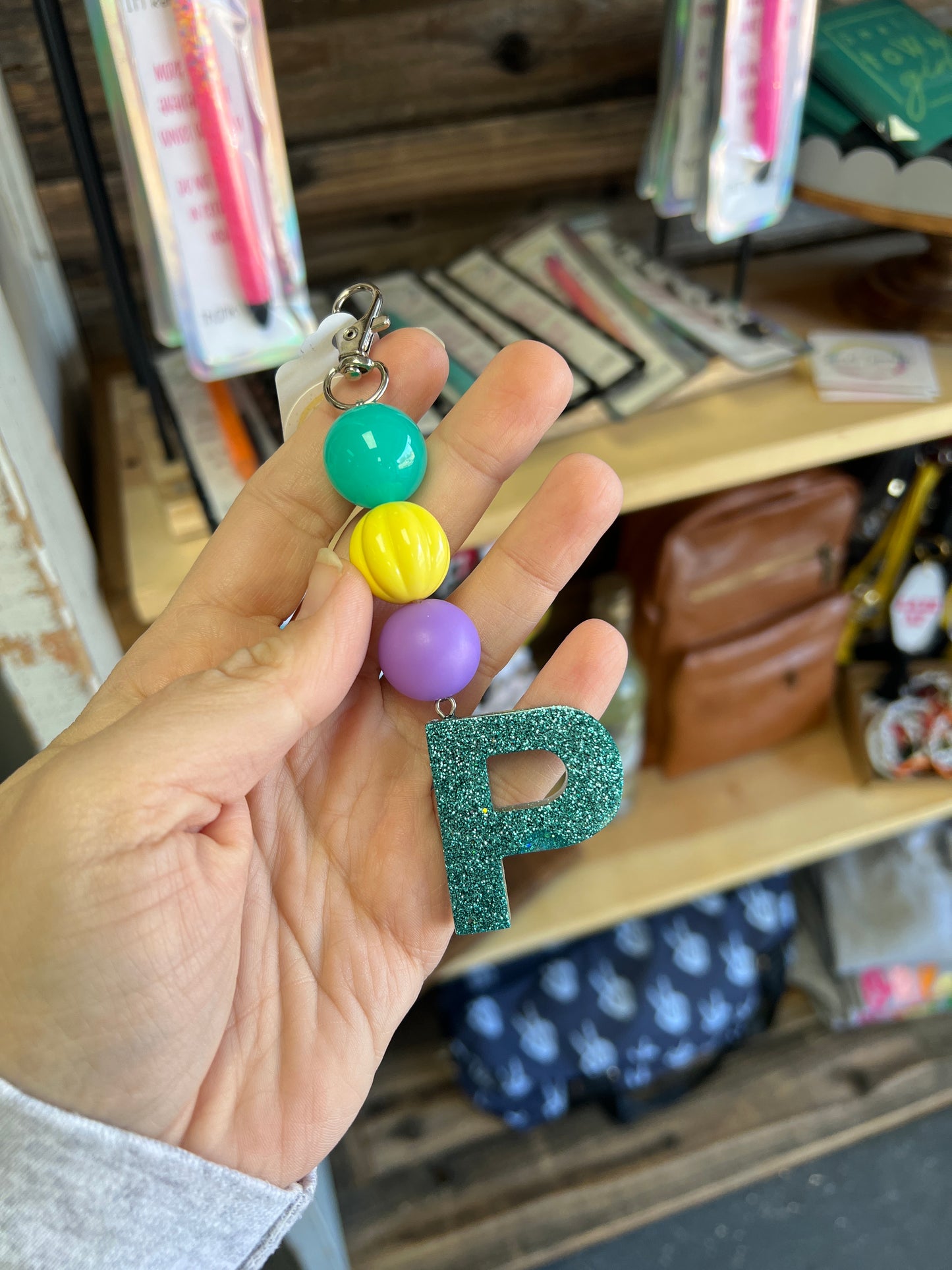 Keychain - teal jelly, yellow pumpkin, matte purple beads w/ teal glitter P