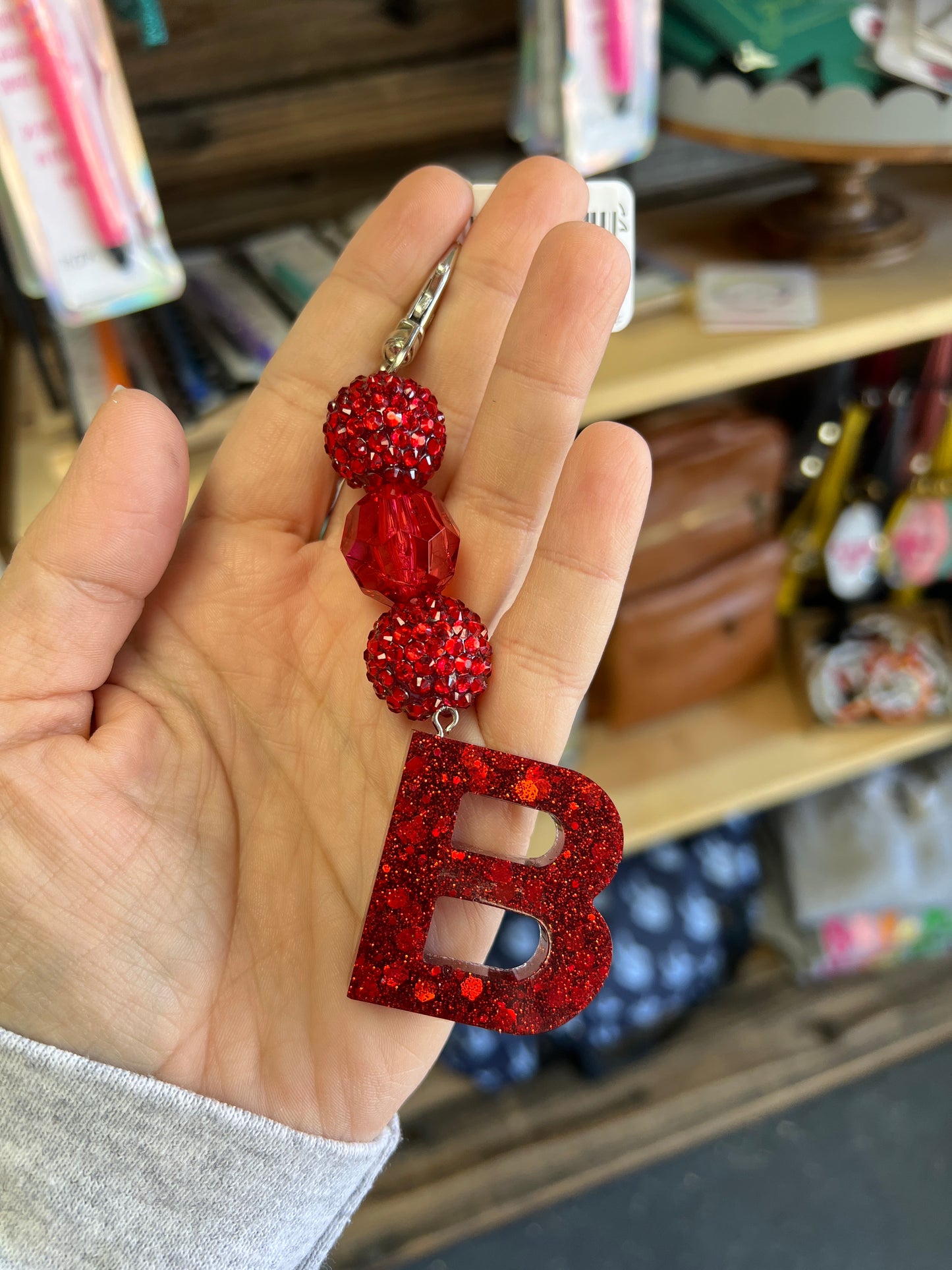 Keychain - red rhinestone, clear read, red rhinestone beads w/ red glitter B