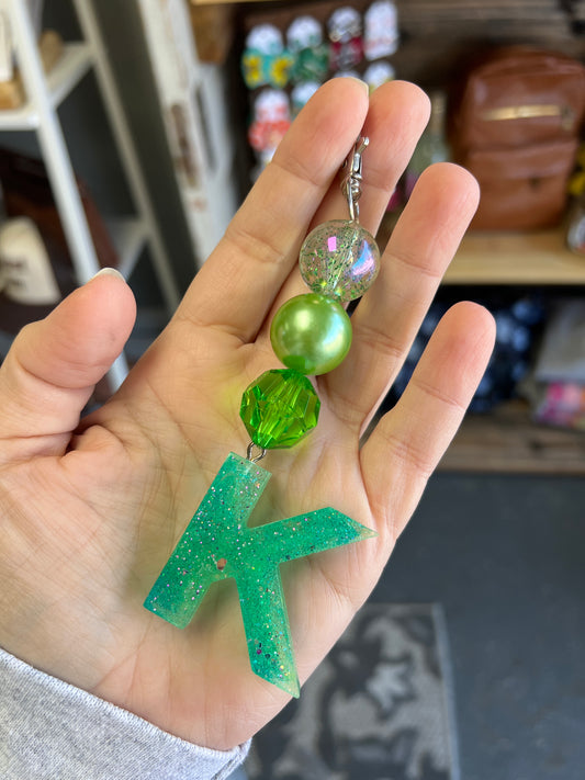 Keychain - green glitter, green pearl, clear green beads w/ green glitter K