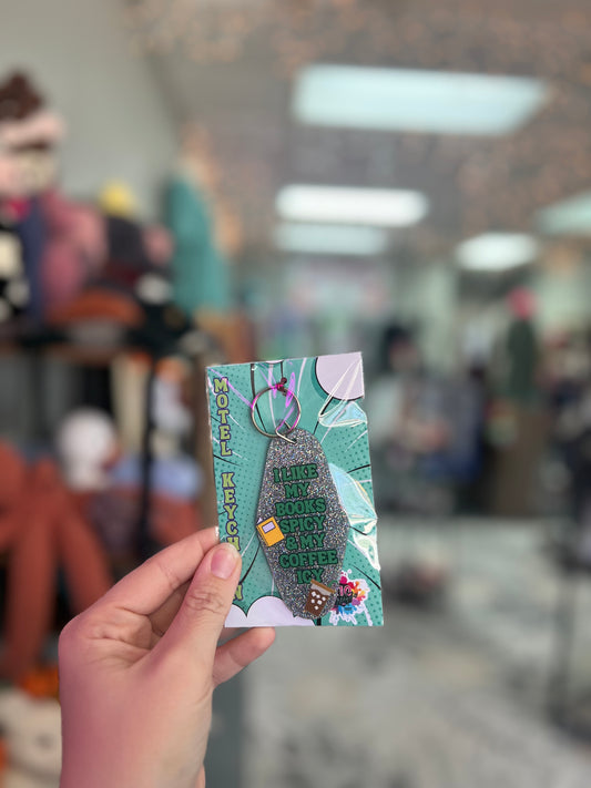 Books Spicy/Coffee Icy, Silver Glitter Motel Keychain