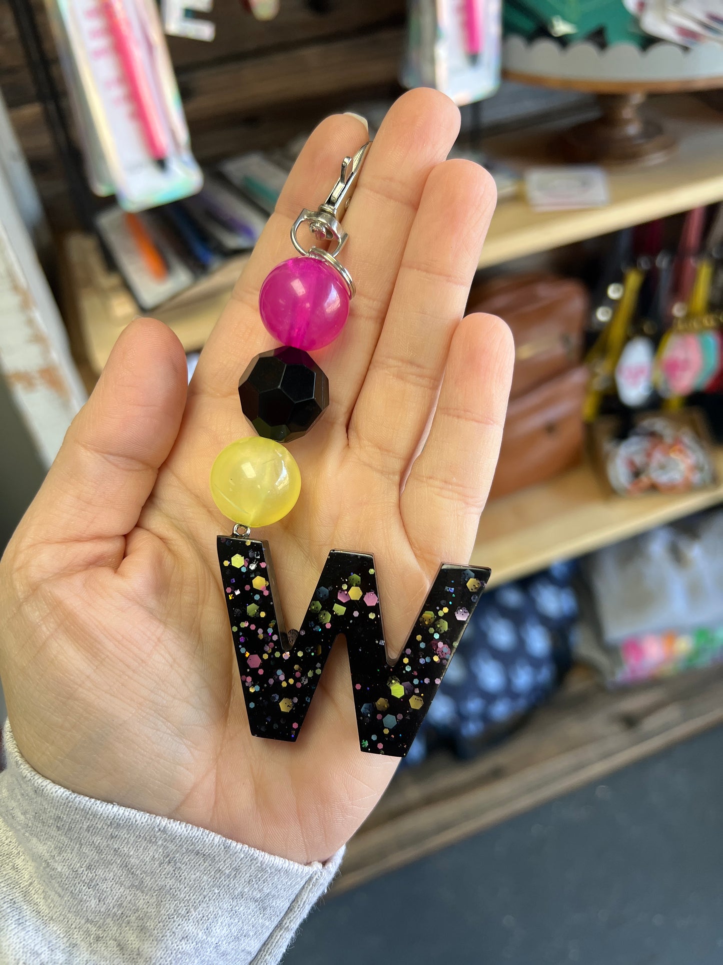 Keychain -  pink shimmer, black,  yellow  shimmer beads w/ black and confetti W