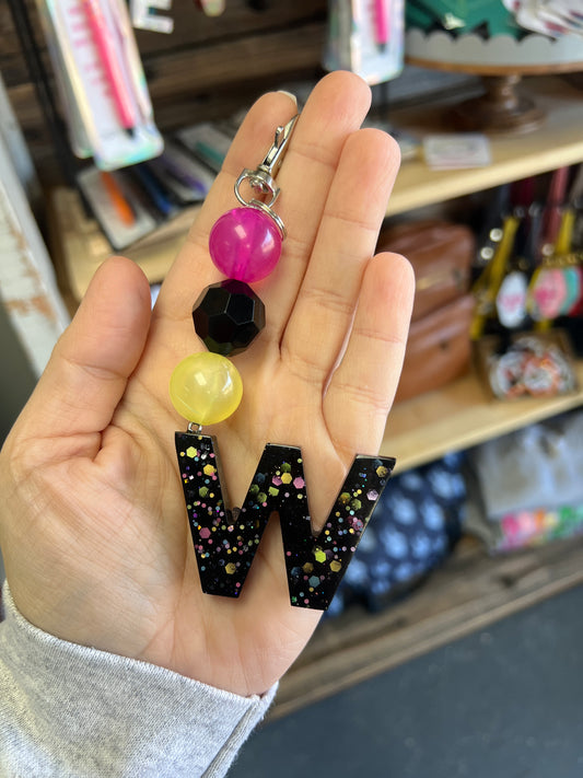 Keychain -  pink shimmer, black,  yellow  shimmer beads w/ black and confetti W