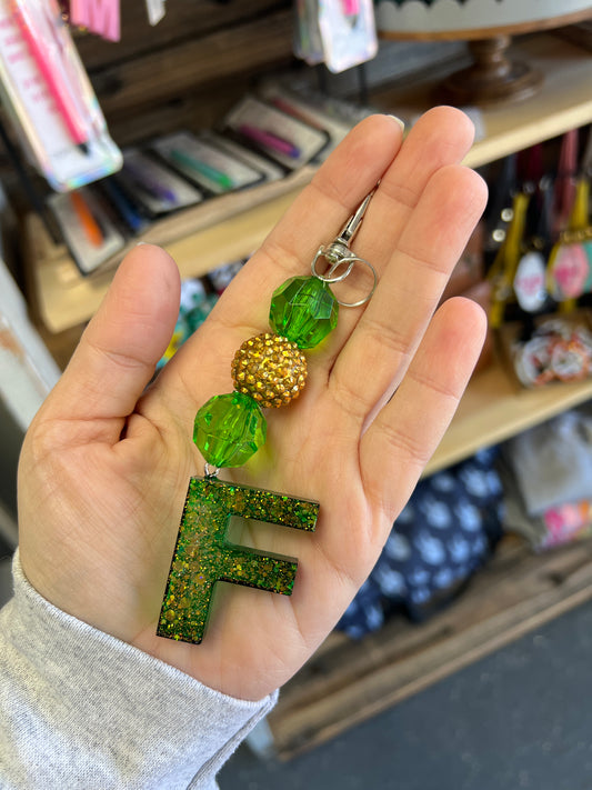 Keychain - green clear, gold rhinestone, green clear beads w/ green chunky glitter F