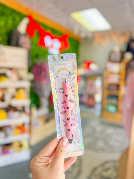 Pink Glitter + Black Hearts Pen