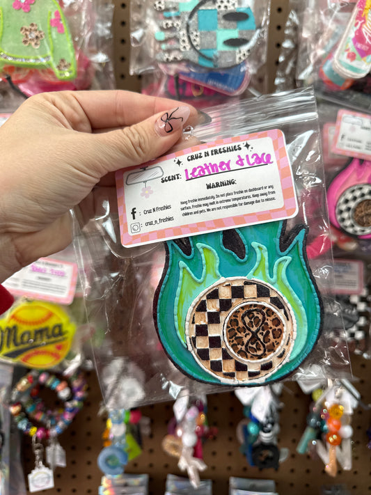 Blue.Checkered/Leopard 8ball - Leather + Lace