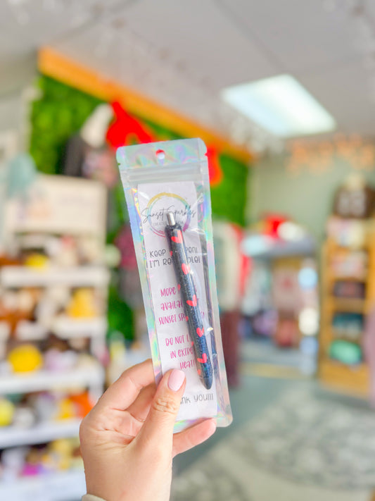 Black Glitter + Red Hearts Pen