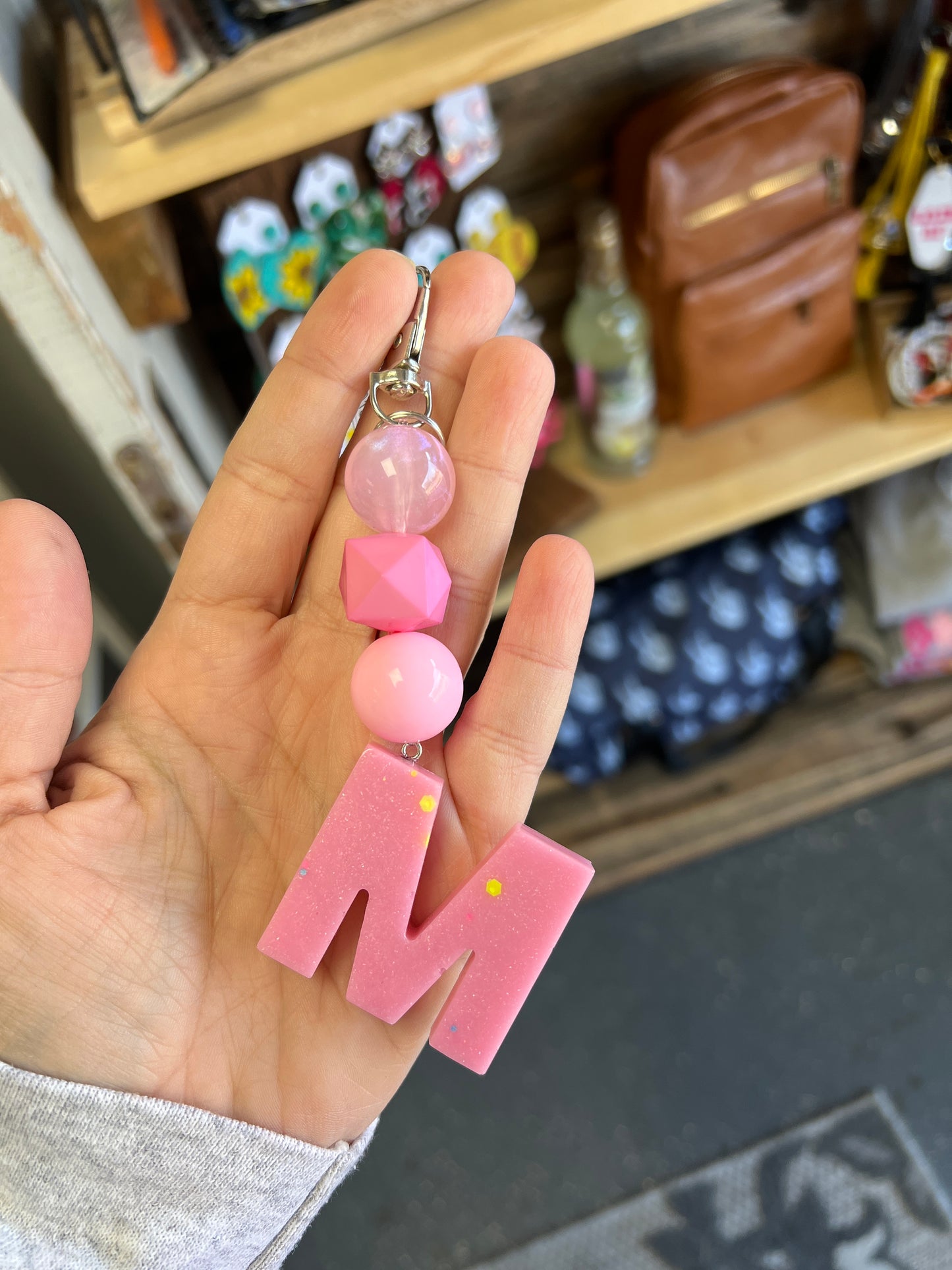 Keychain -light pink, pink cube, solid pink beads w/ pink M