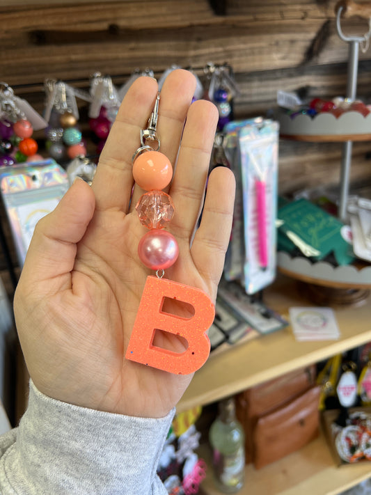 Keychain - coral solid, clear coral, pearl coral beads w/ coral glitter B