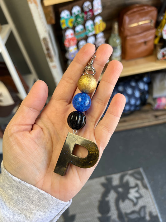 Keychain - gold textured, blue crackle, black pumpkin beads w/ black shimmer P