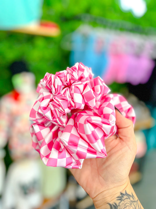 Pink White Checkered Scrunchie