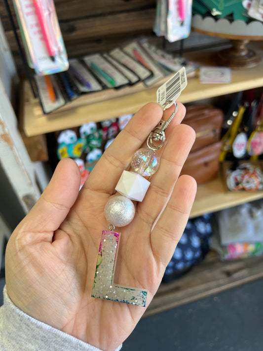 Keychain -clear glitter, white cube,  white textured pearl beads w/ white glitter multicolor L