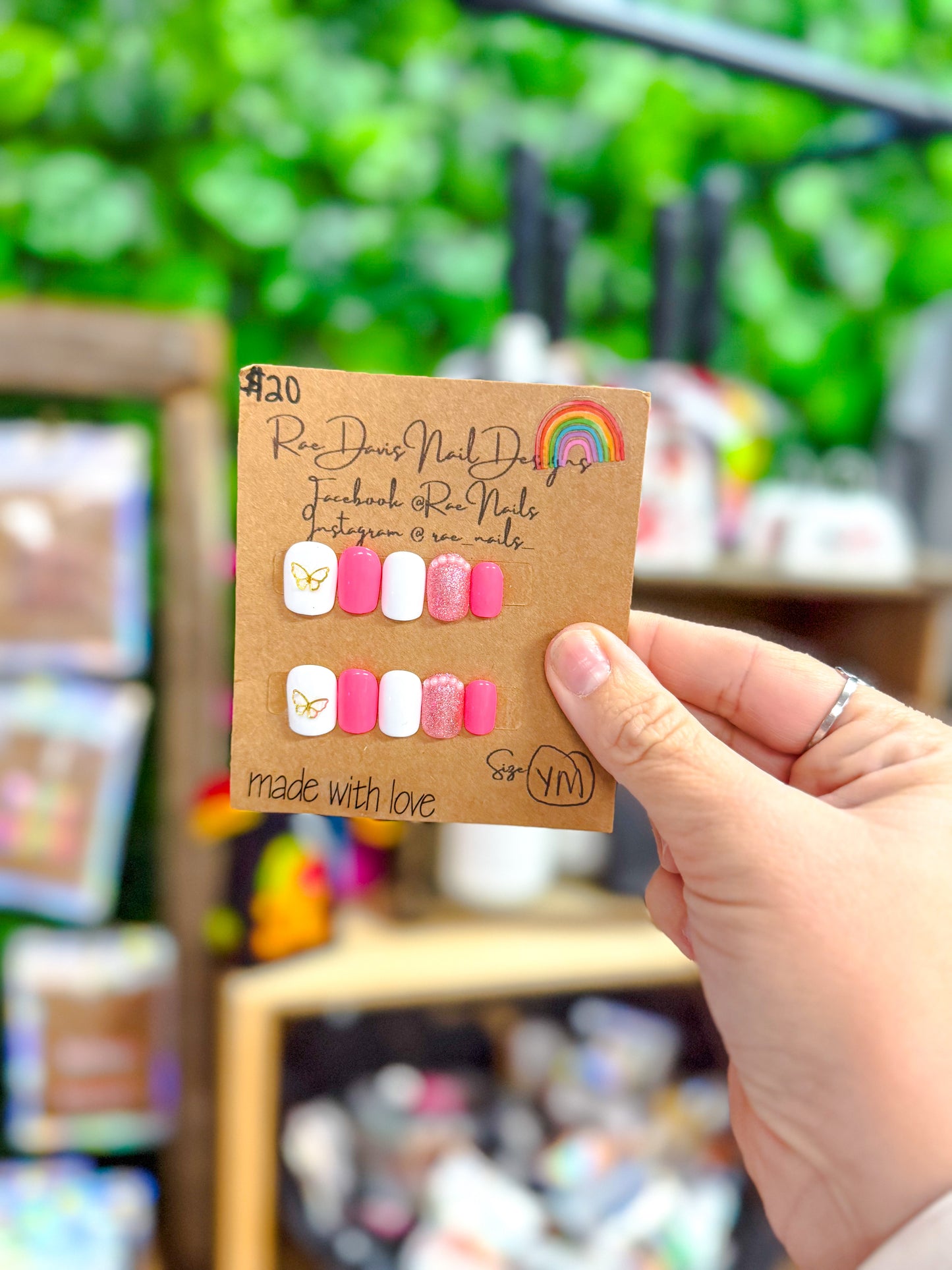 Press On Nail Set | pink/white w/ butterfly {size youth med}