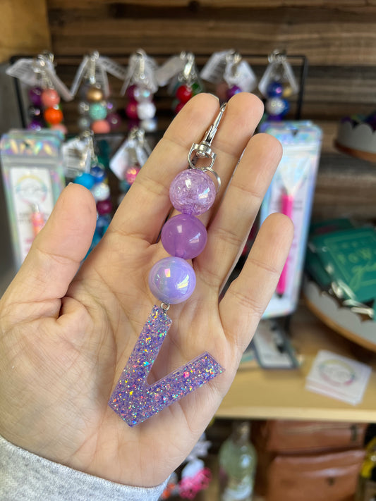 Keychain -  purple crackle, purple shimmer, purple irridescent beads w/ glitter purple V