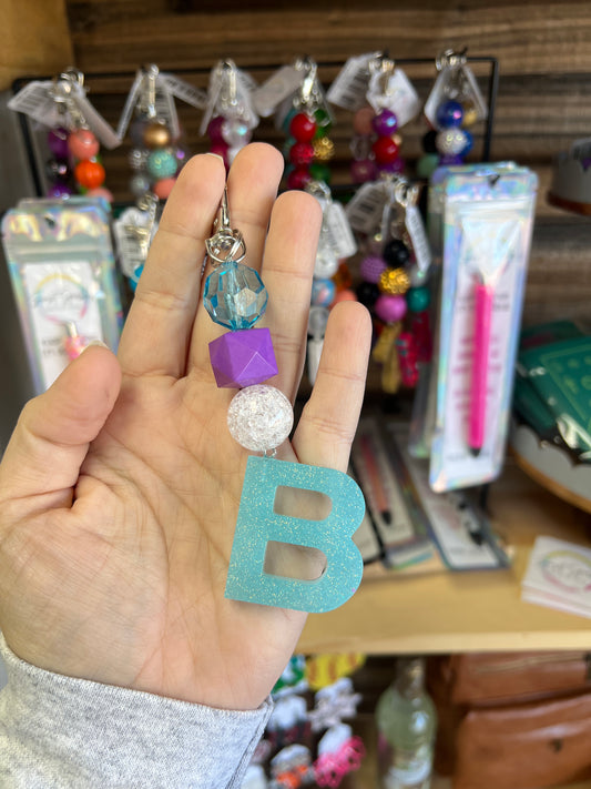 Keychain - blue clear, purple cubed, clear crackle beads w/ blue glitter B