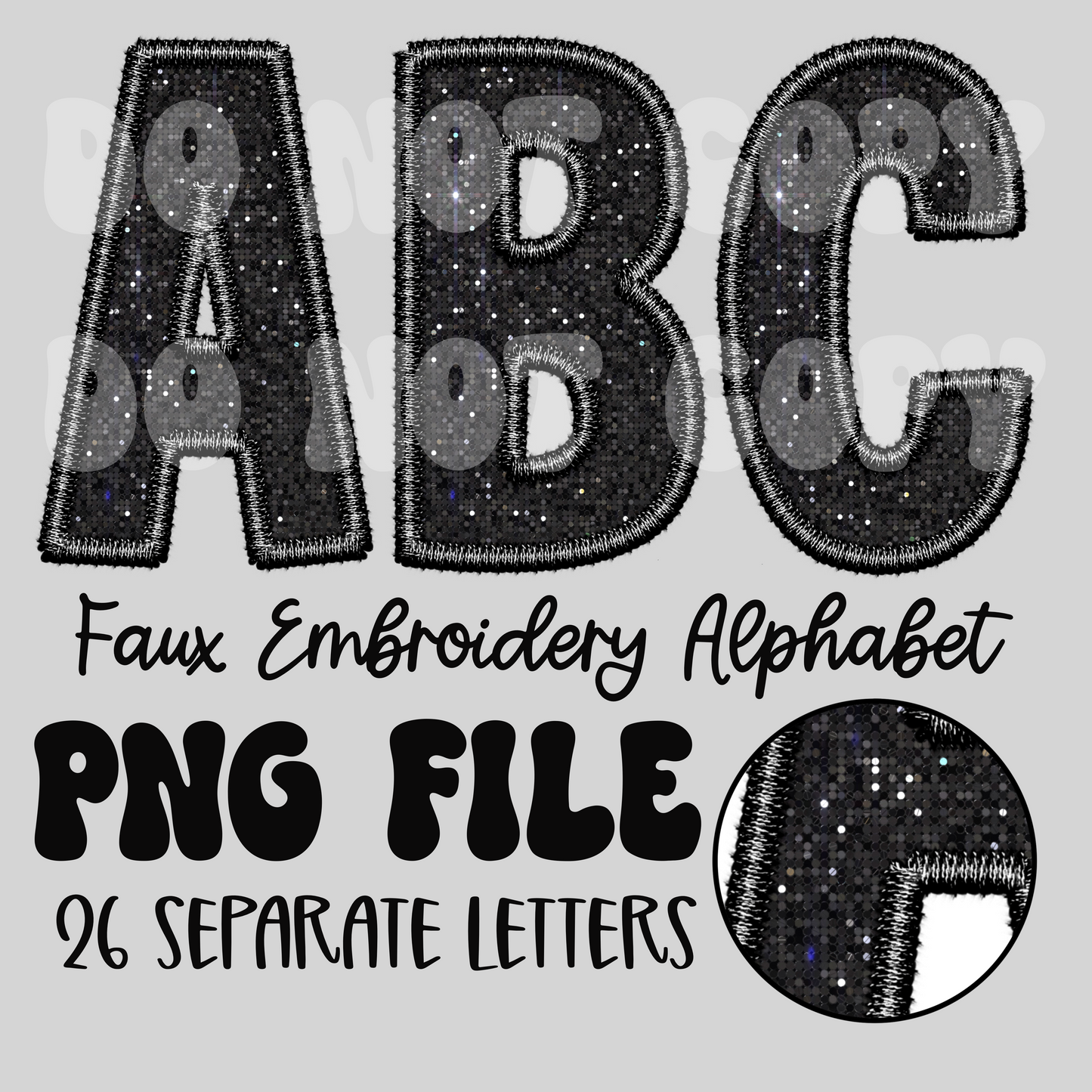Black Faux Glitter | Faux Embroidery | Alpha Set | Digital Download | PNG File