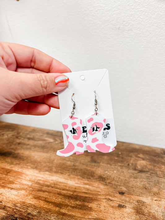 Pink Cowprint Boot Earrings